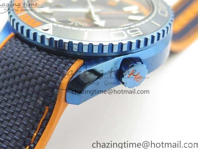 0818 FreshLook Planet Ocean 45mm GMT Blue DLC Black OMF Best Edition Blue Dial On Blue Gummy Strap A 8123